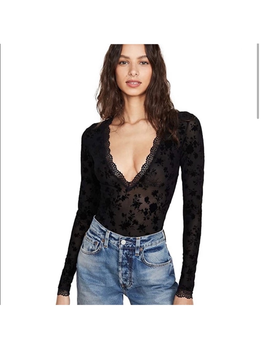 Intimately Free People Black Floral Velvet Burnout Sheer Bodysuit Size M